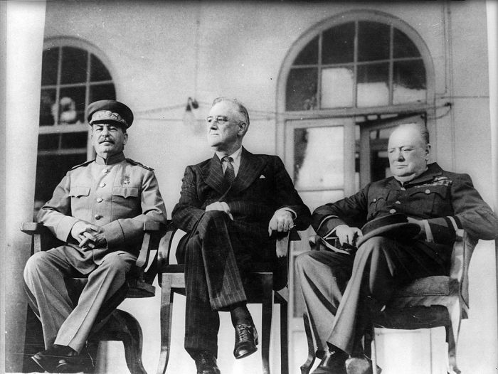 Joseph Stalin, Franklin D. Roosevelt and Winston Churchill meeting at the Tehran Conference in 1943