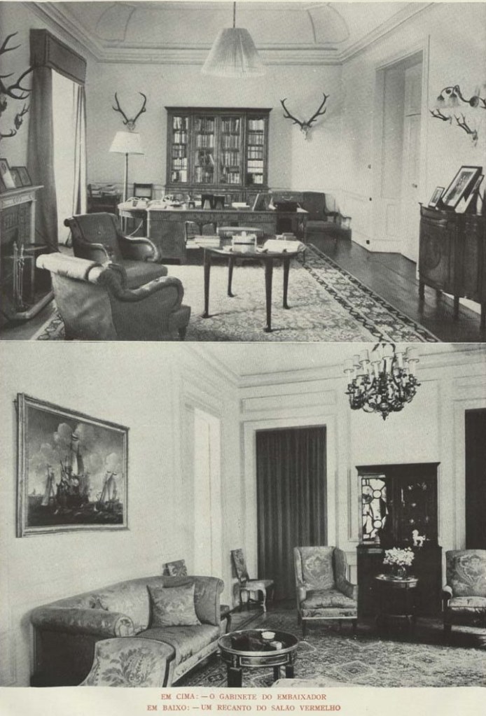 Above: Interior of the Palace of the Viscounts of Porto Covo da Bandeira,home to the British Embassy during the war. Below: German Embassy.